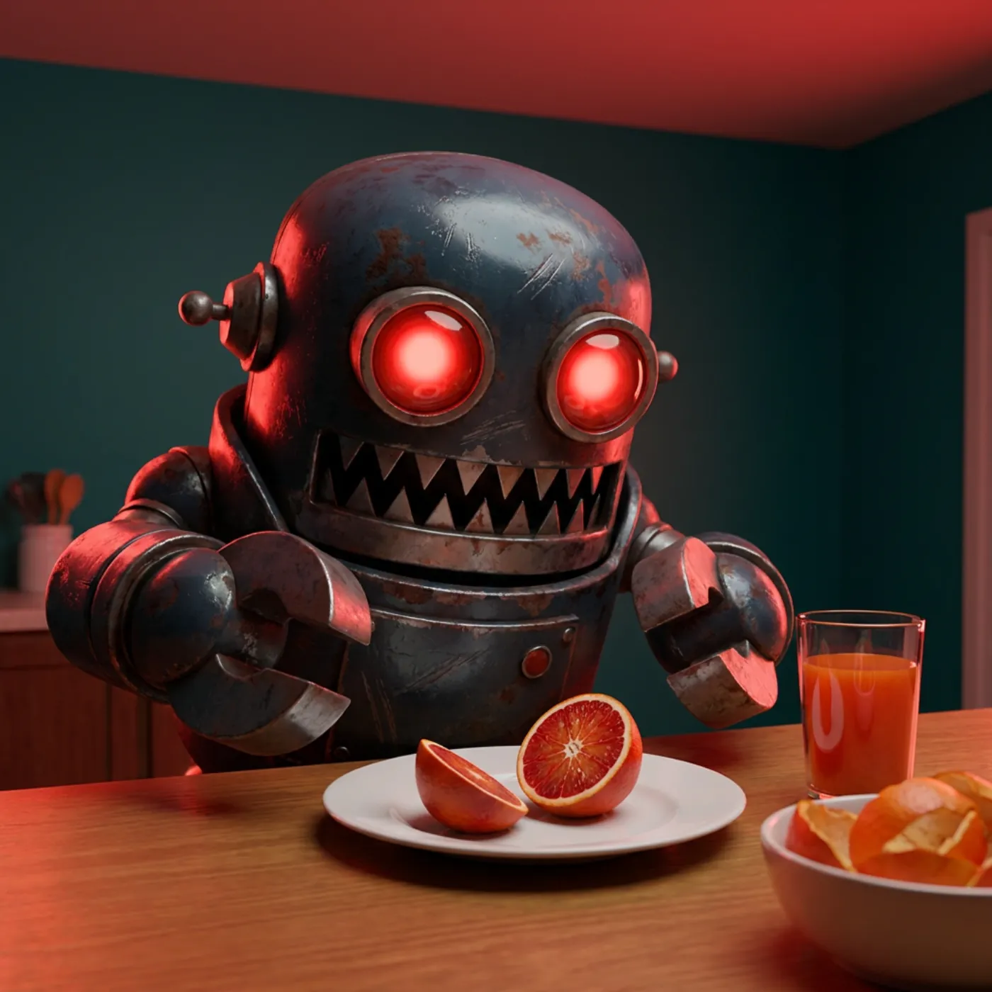 A chunky, menacing but adorable vintage tin robot with glowing red eyes and a jagged grille of teeth glares at a halved blood orange on a plate, beside a glass of juice and a bowl of peels.